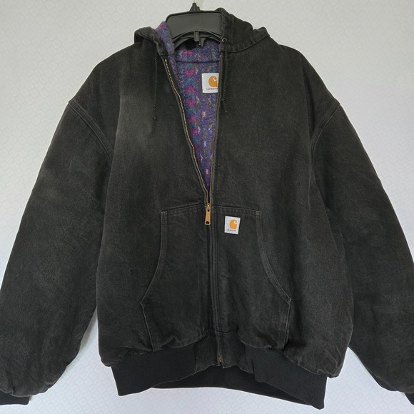 NICE Vtg 1990s Carhartt Hooded Jacket Coat Aztec Purple Lining Made In USA XL - Picture 1 of 10